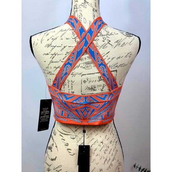 BCBGMaxAzria Katiya Crop Top in an Orange/Blue Geometric Print L - Picture 6 of 10